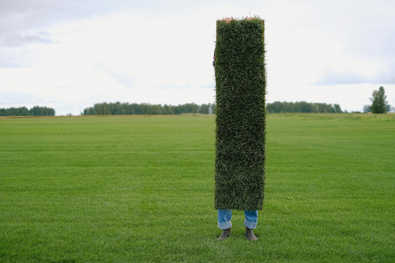 Fresh roll of green St. Augustine-style sod ready to be laid over prepped soil.
