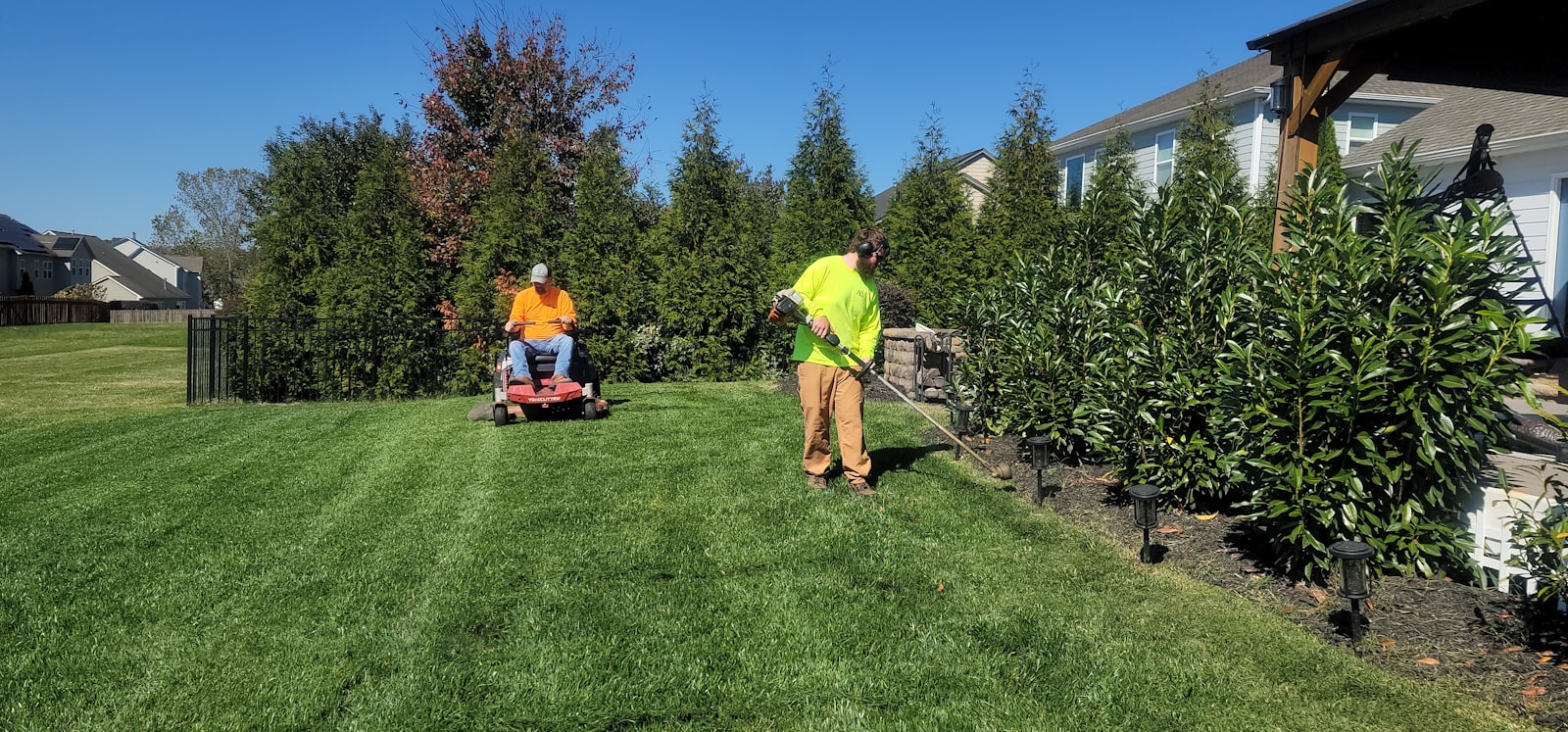Operator mowing a residential side yard with a walk-behind mower.